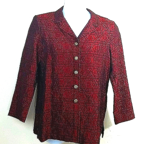 Red Black Geometric Embroidered Blazer Jacket Medium Brass Button Statement Vntg - Picture 2 of 10